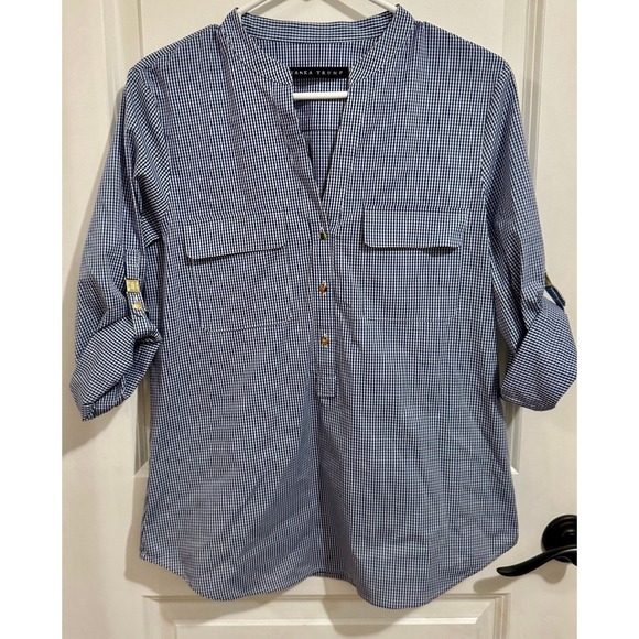 Ivanka Trump Blue Gingham Print 1/2 Button Up Sleeve Women's Size Small - Picture 1 of 12